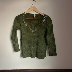 Y2K Women's Green Tie Dye Bedazzled 3/4 Sleeve Shirt sz XS